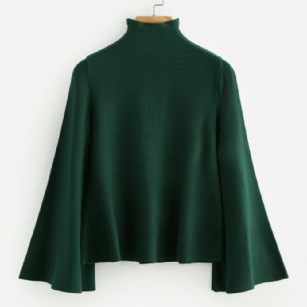 Mock Neck Flare Sleeve Jersey Jumper